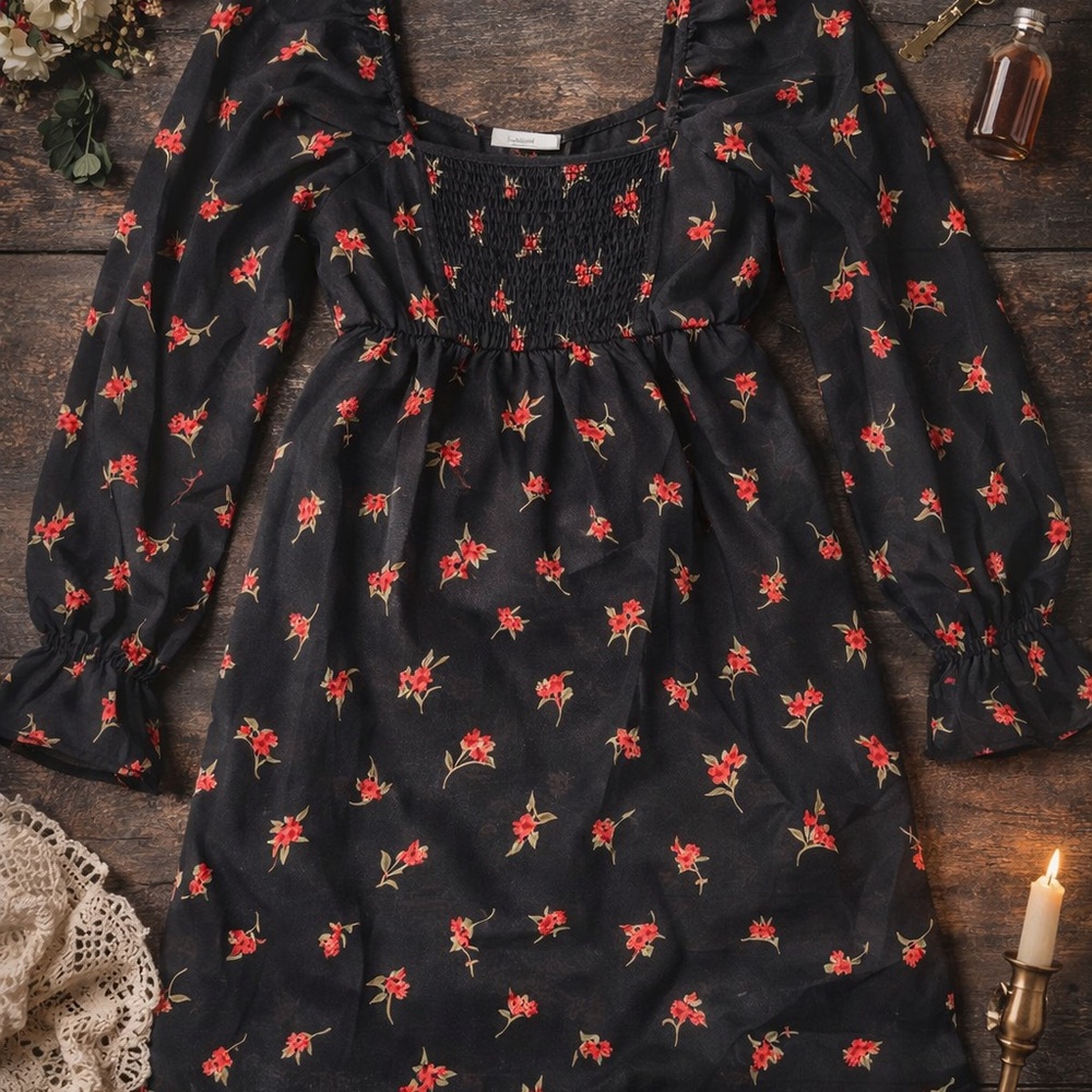 Black Floral Babydoll Dress XXL Cottagecore Sheer Sleeve Empire Waist